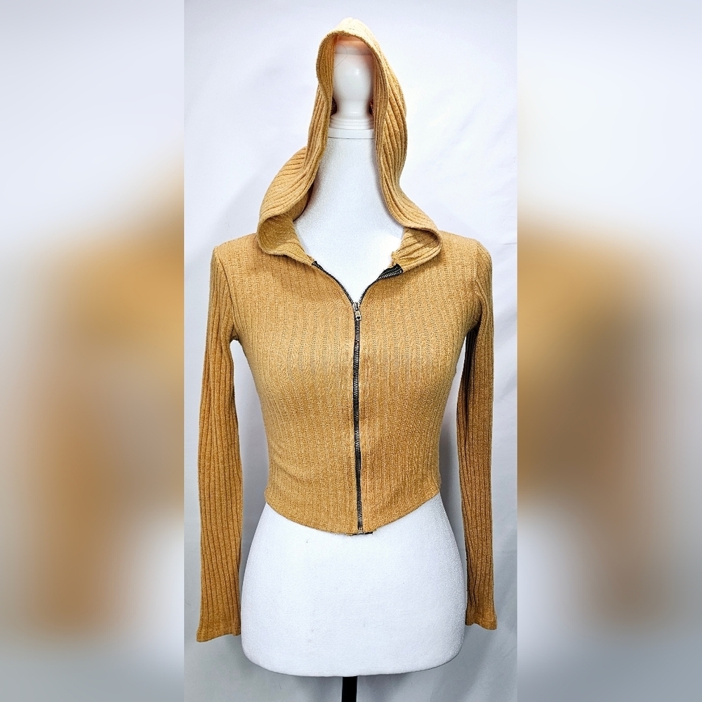 XSmall Tan Ribbed Cropped Hoodie